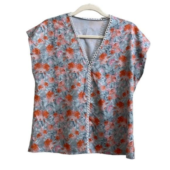 SHEIN Tops - Shein Light Blue Pink Rose Floral Blouse Size Medium